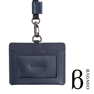 BAGMIO 牛皮橫式雙卡證件套 -午夜藍 (附織帶/開放證件視窗)