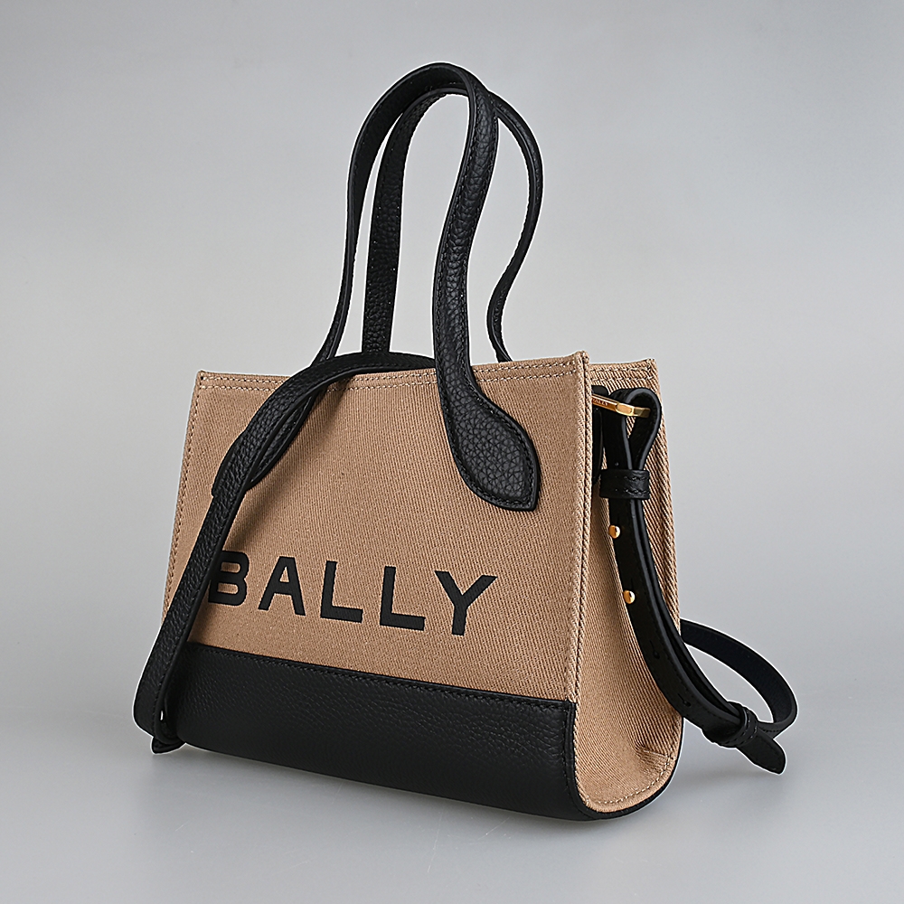 BALLY BAR Keep On XS黑字LOGO帆布拼接皮革手提斜背包(沙黃x黑) | 歐系