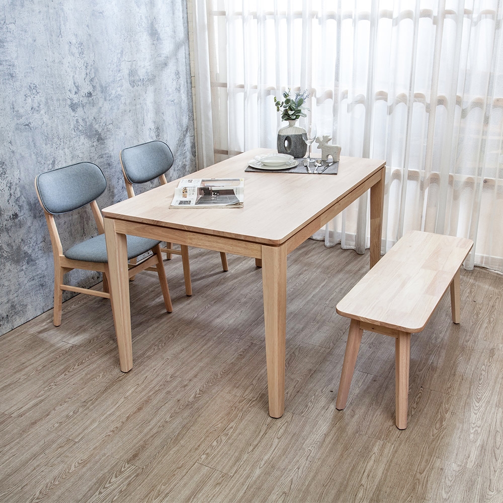 Boden-格倫4.5尺實木餐桌+尼泰灰色布紋皮革實木餐椅+坦卡司3.3尺實木長凳組合-鄉村木紋色(一桌二椅一長凳)-136x80x76cm