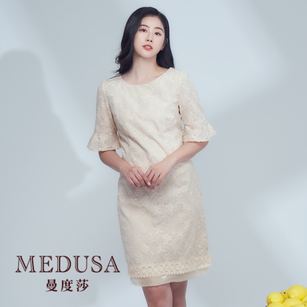 現貨【MEDUSA 曼度莎】米膚色刺繡花葉小禮服（M-2L）｜小禮服 禮服洋裝 連身裙