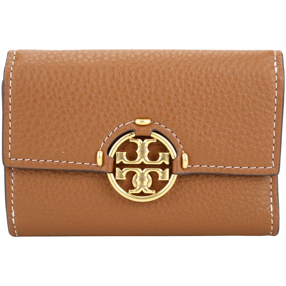 TORY BURCH Miller  雙T標誌荔枝牛皮釦式三折中夾(棕色)