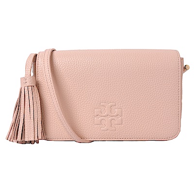 TORY BURCH THEA流蘇荔枝紋縫線LOGO鍊帶斜背方包-芭蕾粉