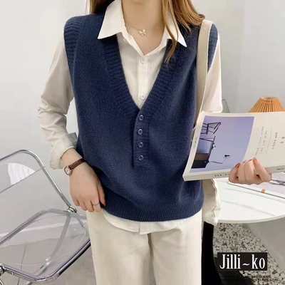 JILLI-KO 韓版疊穿外搭毛衣寬鬆無袖針織馬甲背心無袖- 深藍/橙黃