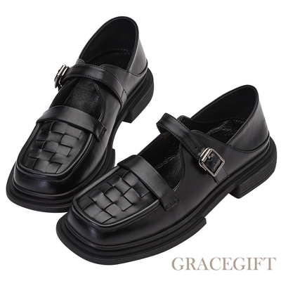 【Grace Gift】逸歡聯名-花樣少女編織瑪莉珍樂福鞋 黑