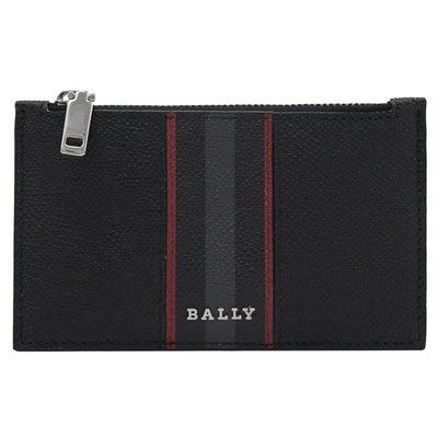 BALLY BABE 品牌經典拼色條紋防刮牛皮拉鍊卡片零錢包(黑)