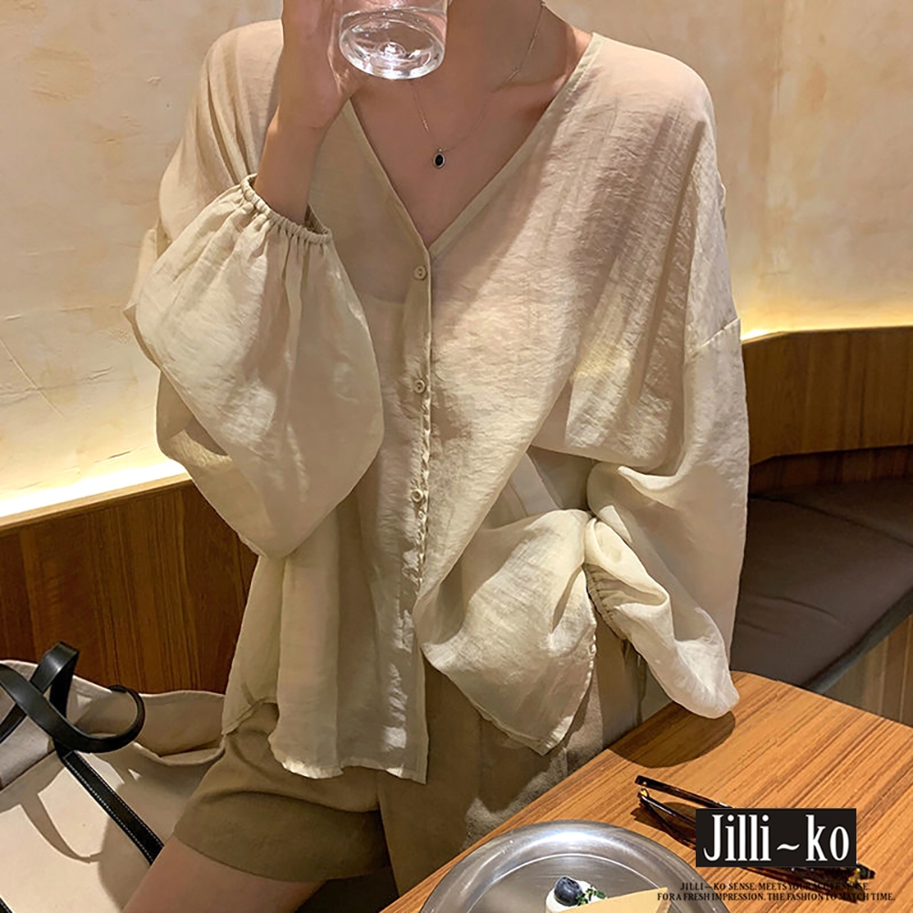 JILLI-KO 夏季新款設計感小眾襯衫薄款空調防曬外套- 白/杏