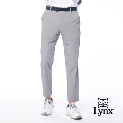 【Lynx Golf】男款素面LOGO緹織鬆緊帶造型微縮束口設計平口休閒長褲-灰色