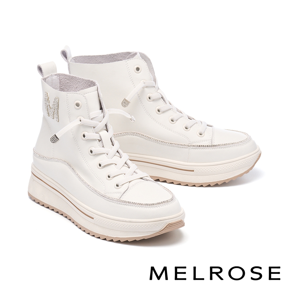 休閒鞋 MELROSE 美樂斯 率性時尚M字晶鑽牛皮高筒厚底休閒鞋－白