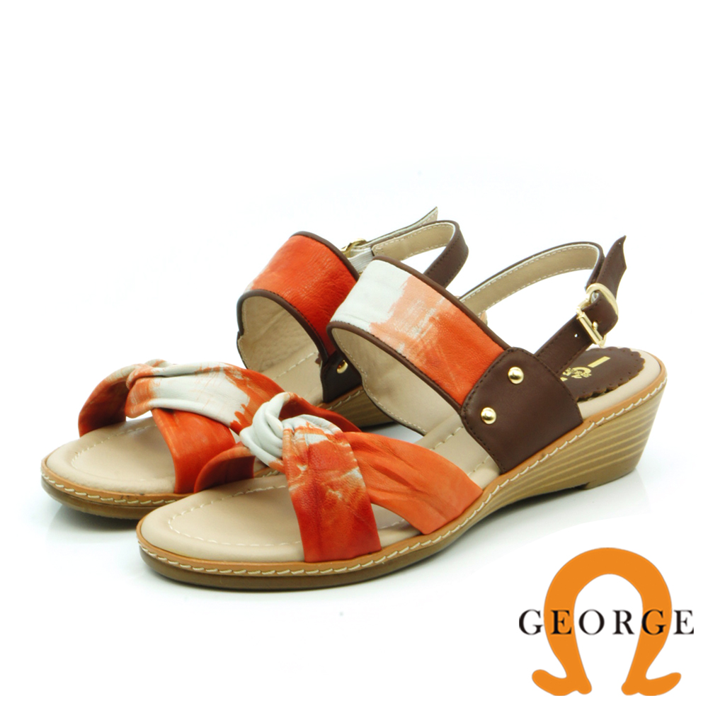 【GEORGE 喬治皮鞋】雲朵羊皮編織楔型涼鞋-橘