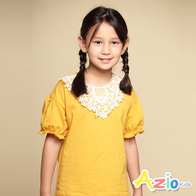 Azio Kids美國派 女童 上衣 領口蕾絲花朵造型澎澎短袖上衣(黃)