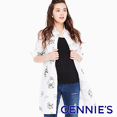 Gennies專櫃-隨性手繪風長版襯衫/洋裝(T1E06)-白