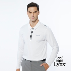 【Lynx Golf】男款合身版內刷毛保暖反光貼條後背造型設計長袖立領POLO衫-白色
