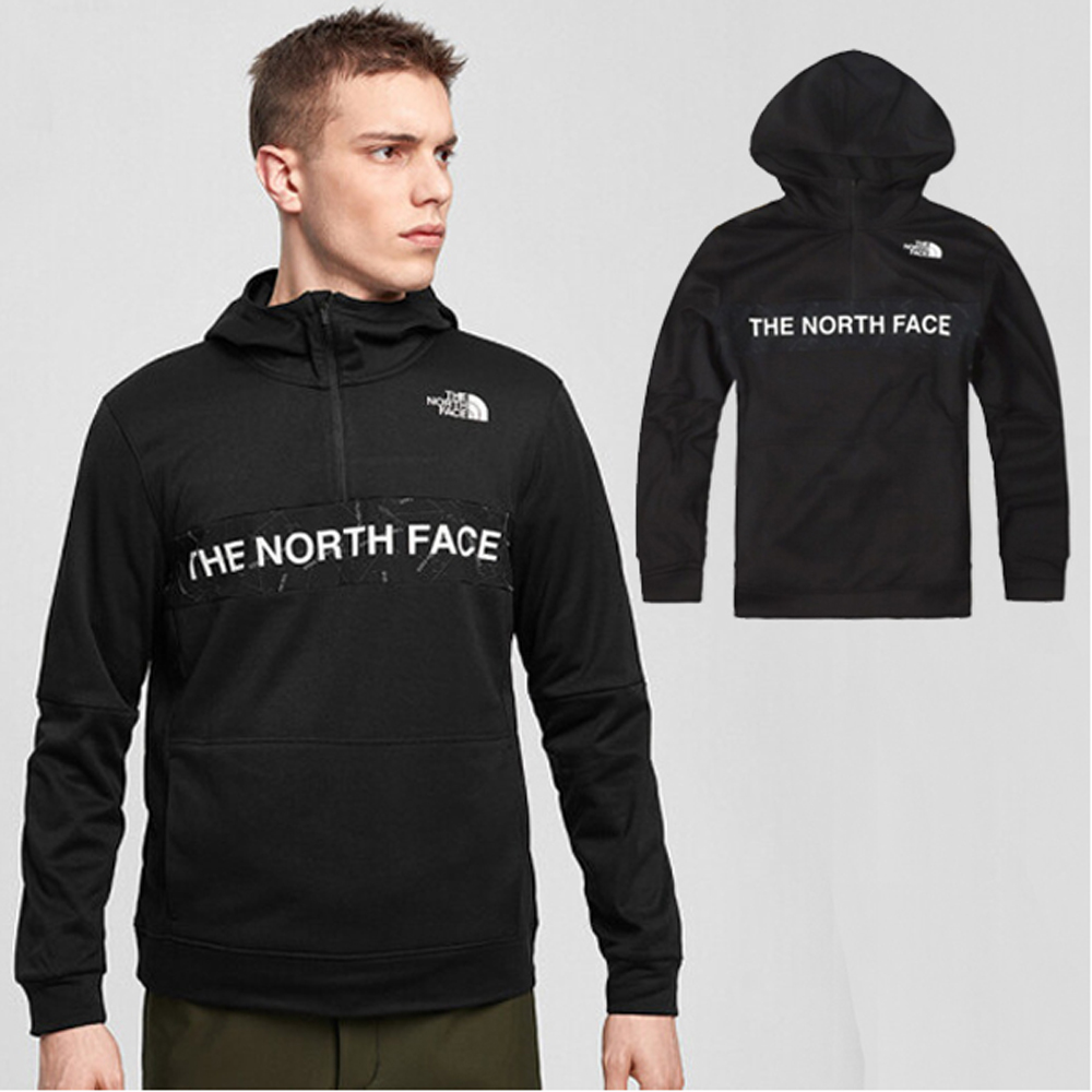 The North Face 中性款 經典大LOGO 半門襟拉鍊長袖保暖連帽上衣.T恤_黑