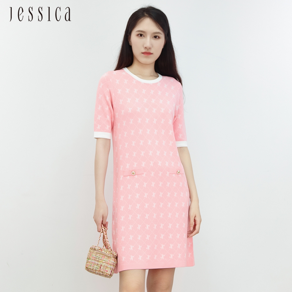 JESSICA - 優雅清新減齡菱格紋短袖針織洋裝J30416（粉）