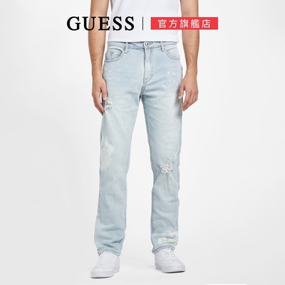 【GUESS】水洗潑墨感刷破牛仔褲-淺藍