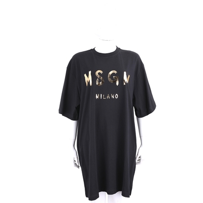 MSGM 燙金塗鴉字母純棉黑色短袖長版TEE 洋裝