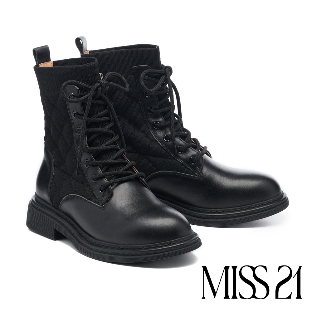 短靴 MISS 21 街頭感菱格紋彈力飛織拼接牛皮綁帶厚底短靴－黑