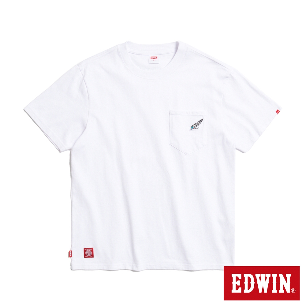 EDWIN 寬版口袋羽毛銀飾造型繡花短袖T恤-男-白色