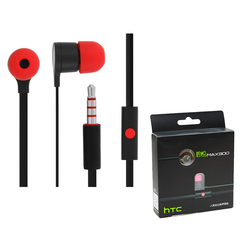 HTC 聆悅 MAX300 立體聲原廠扁線入耳式耳機 黑紅 (盒裝)