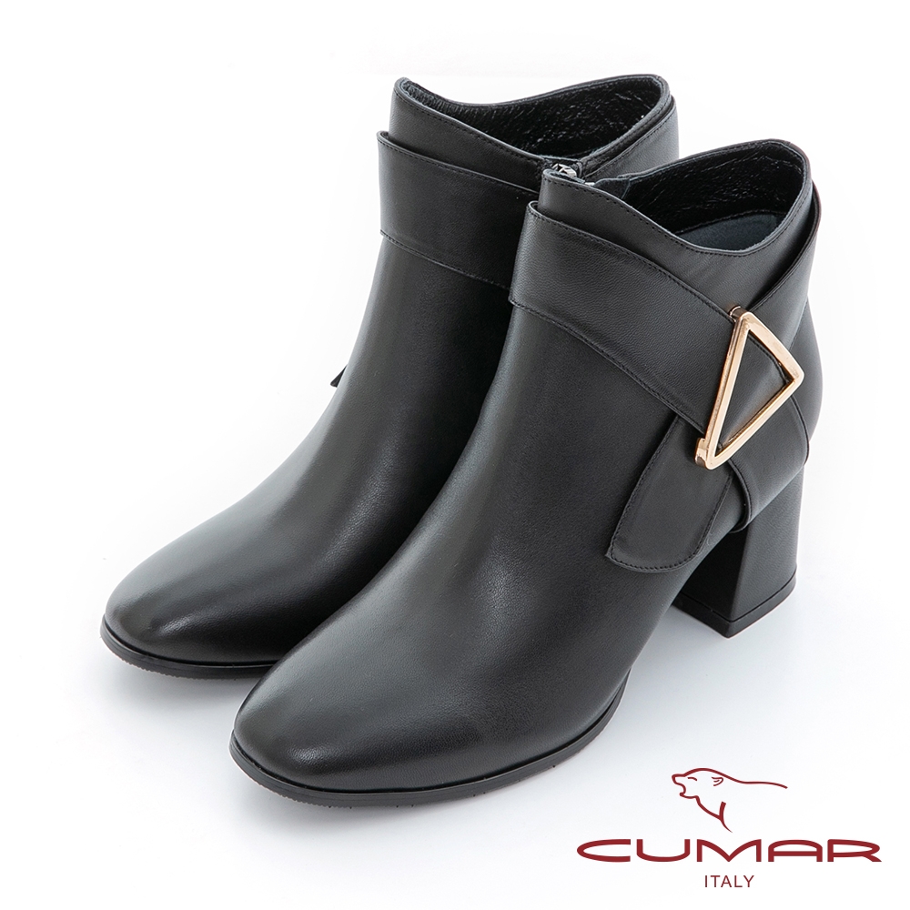 【CUMAR】側邊金屬大釦環粗跟短靴-黑