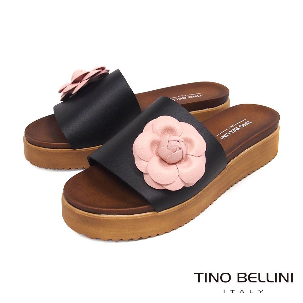 Tino Bellini 義大利進口盛開繁花厚底涼拖鞋 _ 黑