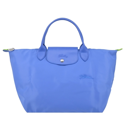 LONGCHAMP LE PLIAGE GREEN系列刺繡短把再生尼龍摺疊水餃包(中/失車菊藍)