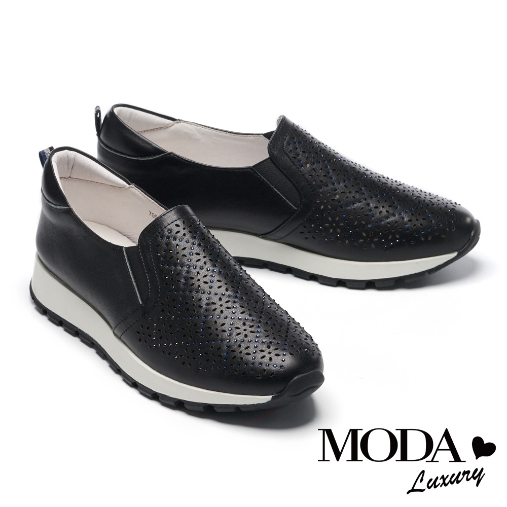 休閒鞋 MODA Luxury 質感鏤空雕花水鑽全真皮厚底休閒鞋－黑