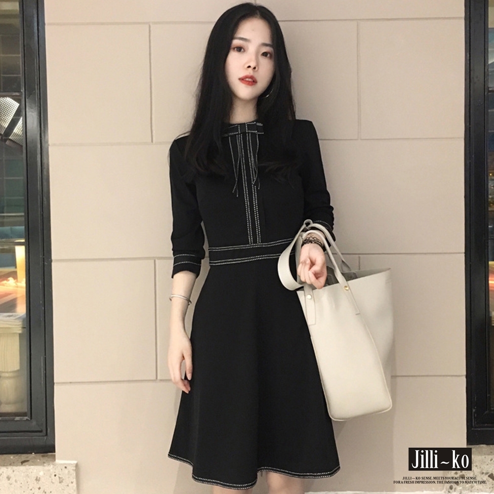 JILLI-KO 韓版蝴蝶結領顯瘦連衣裙- 黑色