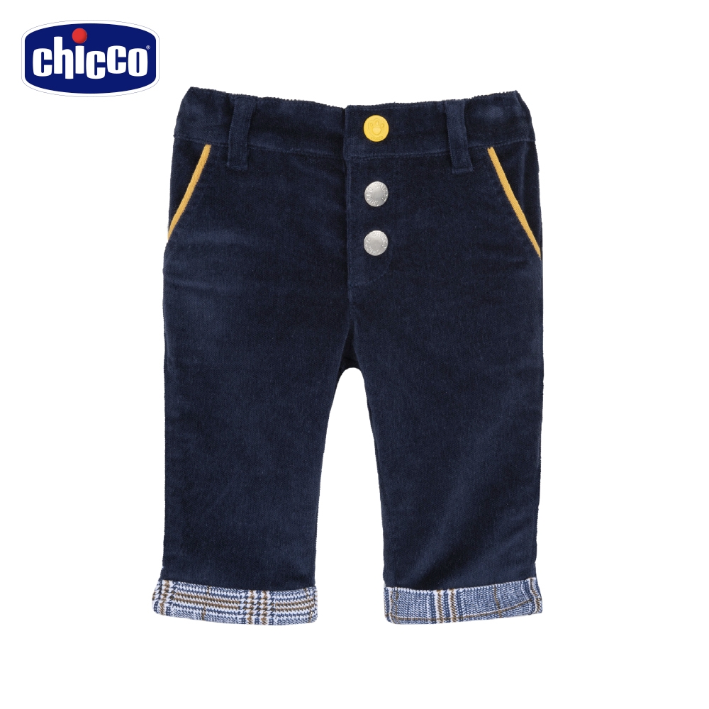 chicco-探險小狸-反折格紋彈性絨布長褲