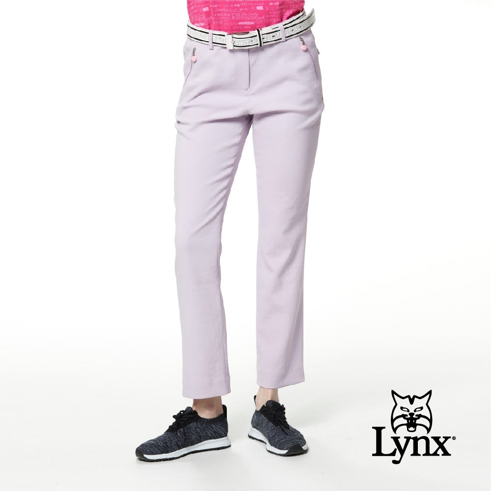 【Lynx Golf】女款日本進口布料造型拉頭設計靴型褲窄管休閒九分褲-粉紫色