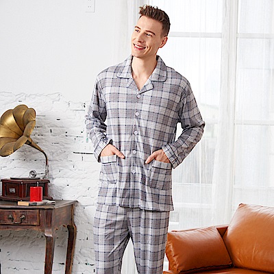 睡衣 經典格紋 針織棉男性長袖兩件式睡衣(R78222-6灰色) 蕾妮塔塔