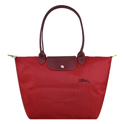 LONGCHAMP LE PLIAGE GREEN系列刺繡長把再生尼龍摺疊水餃包(大/夕陽紅)