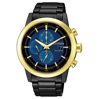 CITIZEN 星辰光動能三眼計時手錶CA0614-51L-藍黑X金/43mm