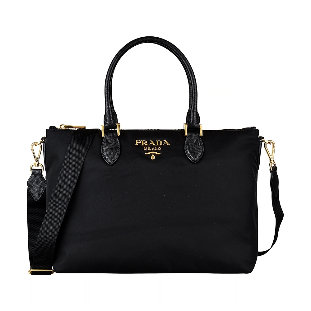 PRADA Borsa A Mano金屬LOGO尼龍牛皮飾邊拉鍊手提斜背包(黑)