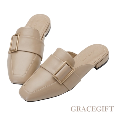【Grace Gift】質感方釦低跟穆勒鞋 卡其
