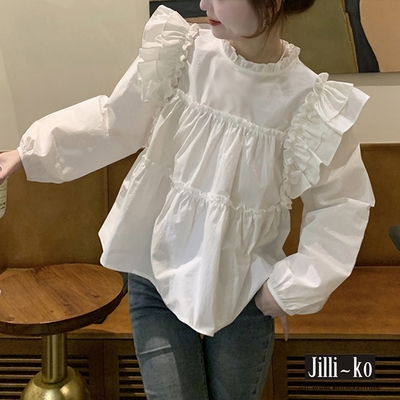 JILLI-KO 荷葉邊娃娃襯衫甜美清新寬鬆設計上衣- 白色