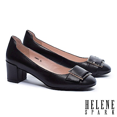 高跟鞋 HELENE SPARK 典雅氣質晶鑽帶釦全真皮粗跟高跟鞋－黑