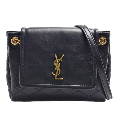 YSL 經典NOLIA系列小羊皮金色金屬LOGO翻蓋斜背包(迷你-黑)