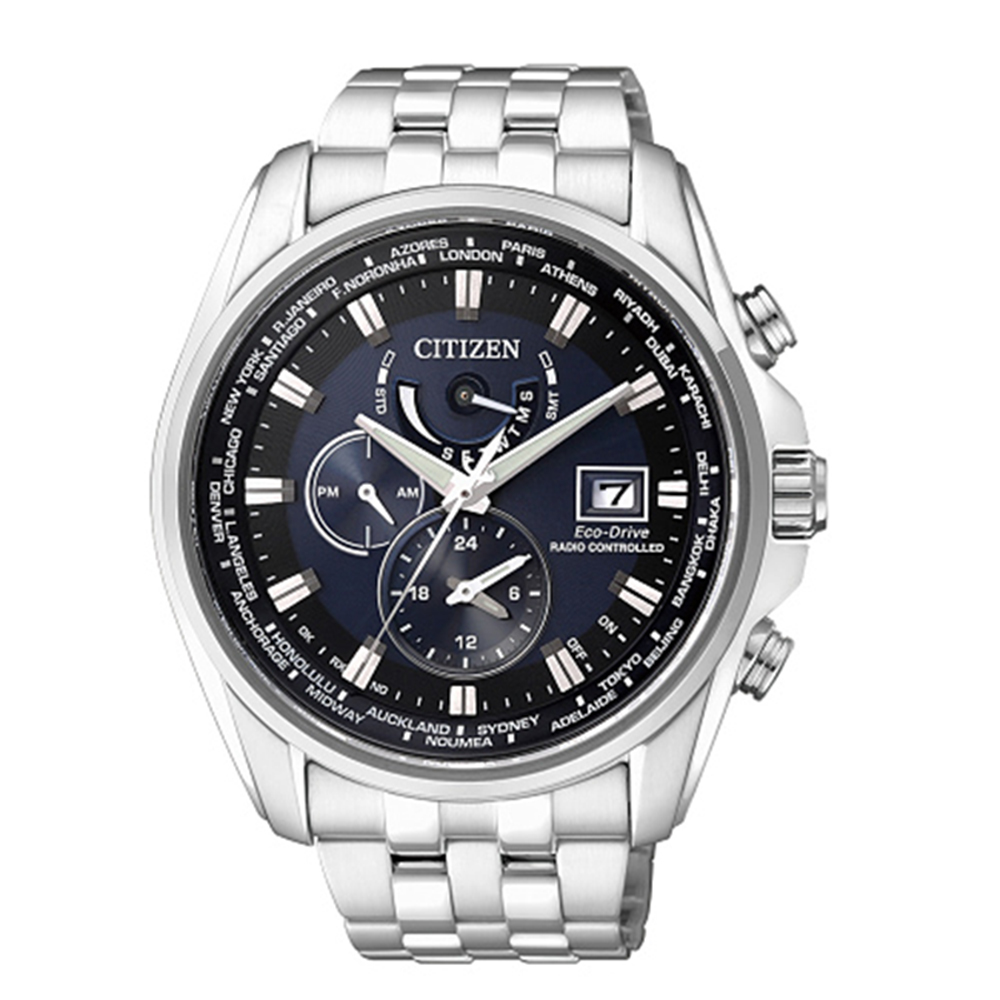 CITIZEN 星辰GENT 三眼計時全球電波腕錶-銀藍44mmAT9031-52L