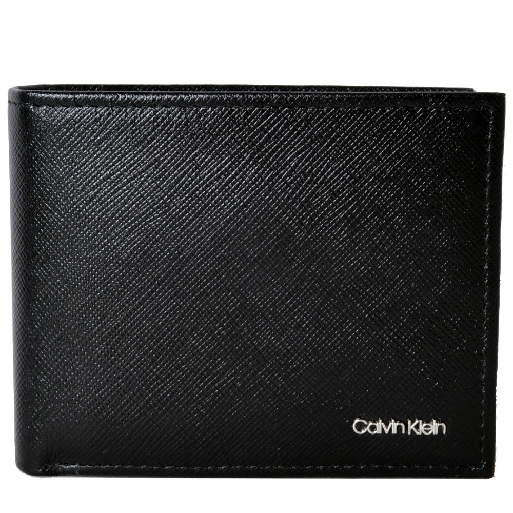 Calvin Klein CK 銀字LOGO防刮皮革多卡三摺短夾附零錢袋-時尚黑