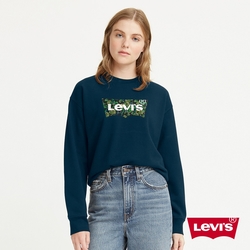 Levis 女款 寬鬆版大學T / 花草風經典Logo / 260GSM棉 深藍