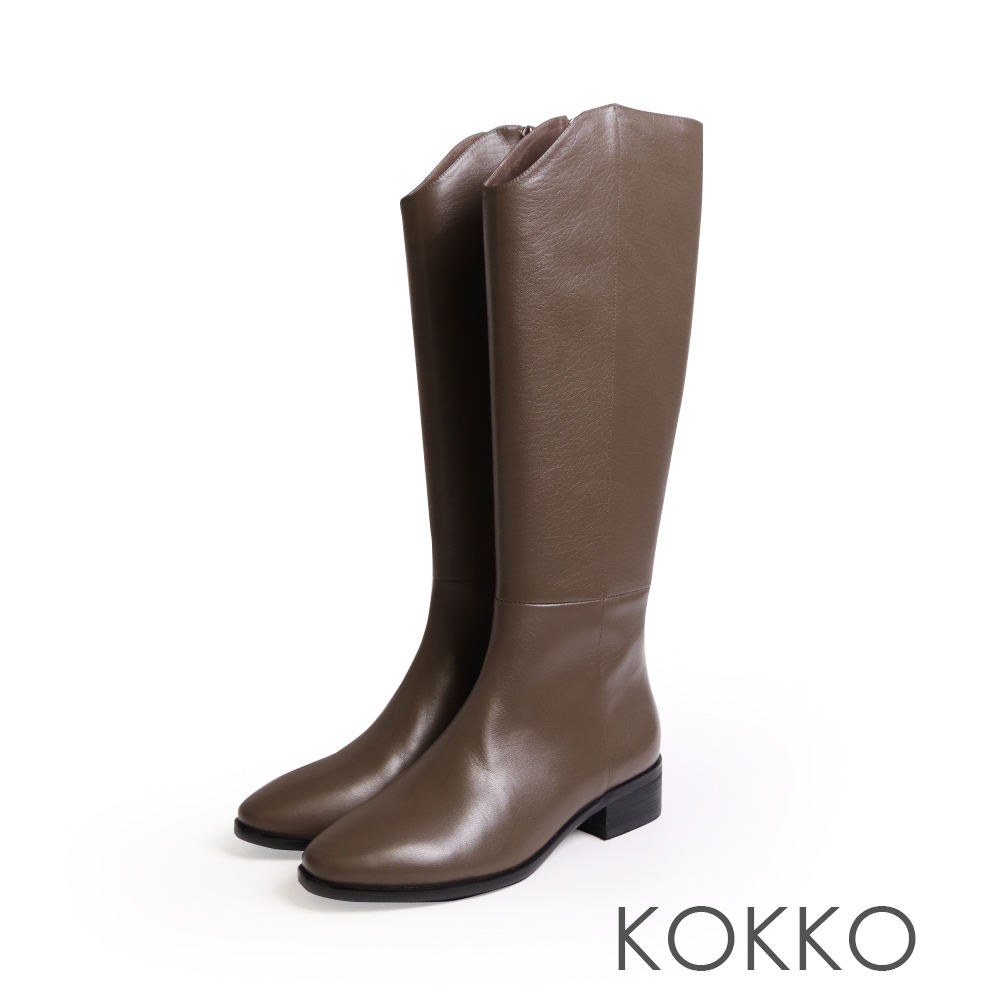 KOKKO極致顯瘦硬挺方圓頭V型寬口長靴墨綠