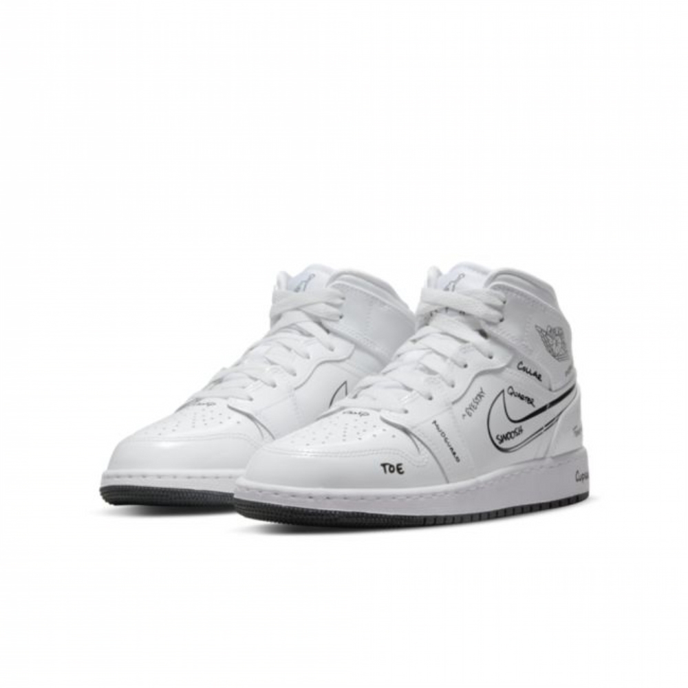 NIKE 籃球鞋女鞋大童運動鞋包覆緩震AIR JORDAN 1 MID SS GS 白DQ1864