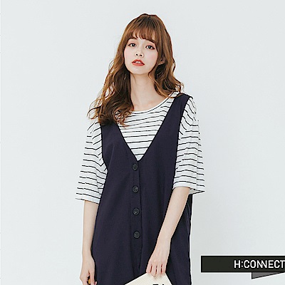 H:CONNECT 韓國品牌 女裝-簡約排扣連身寬褲-藍