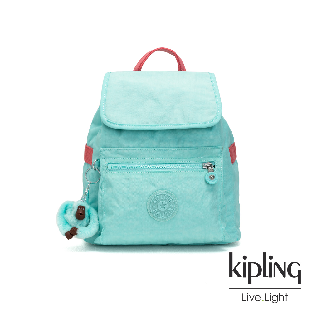 Kipling 糖果色調薄荷綠撞色翻蓋束口後背包-NEW ELLA