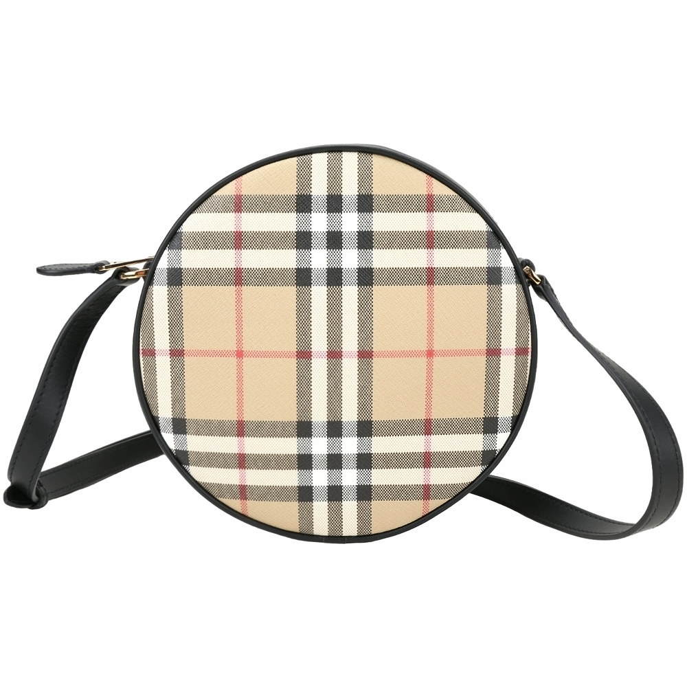 BURBERRY Louise Vintage 格紋環保帆布拼牛皮圓型斜背包(典藏米)