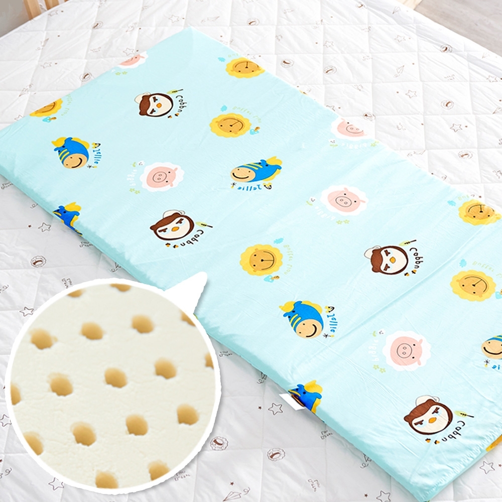 奶油獅 同樂會系列-100%精梳純棉布套+馬來西亞天然乳膠嬰兒床墊-湖水藍60X120cm