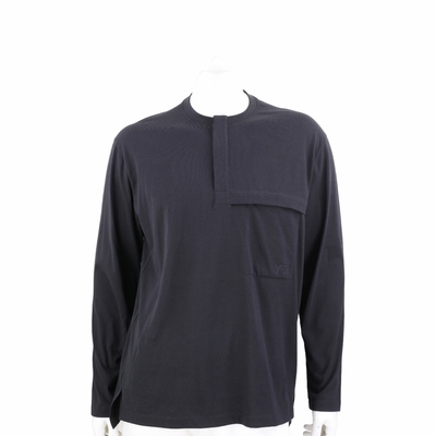 Y-3 HENLEY 釦式半開襟口袋設計棉質黑色長袖TEE T恤(男款)
