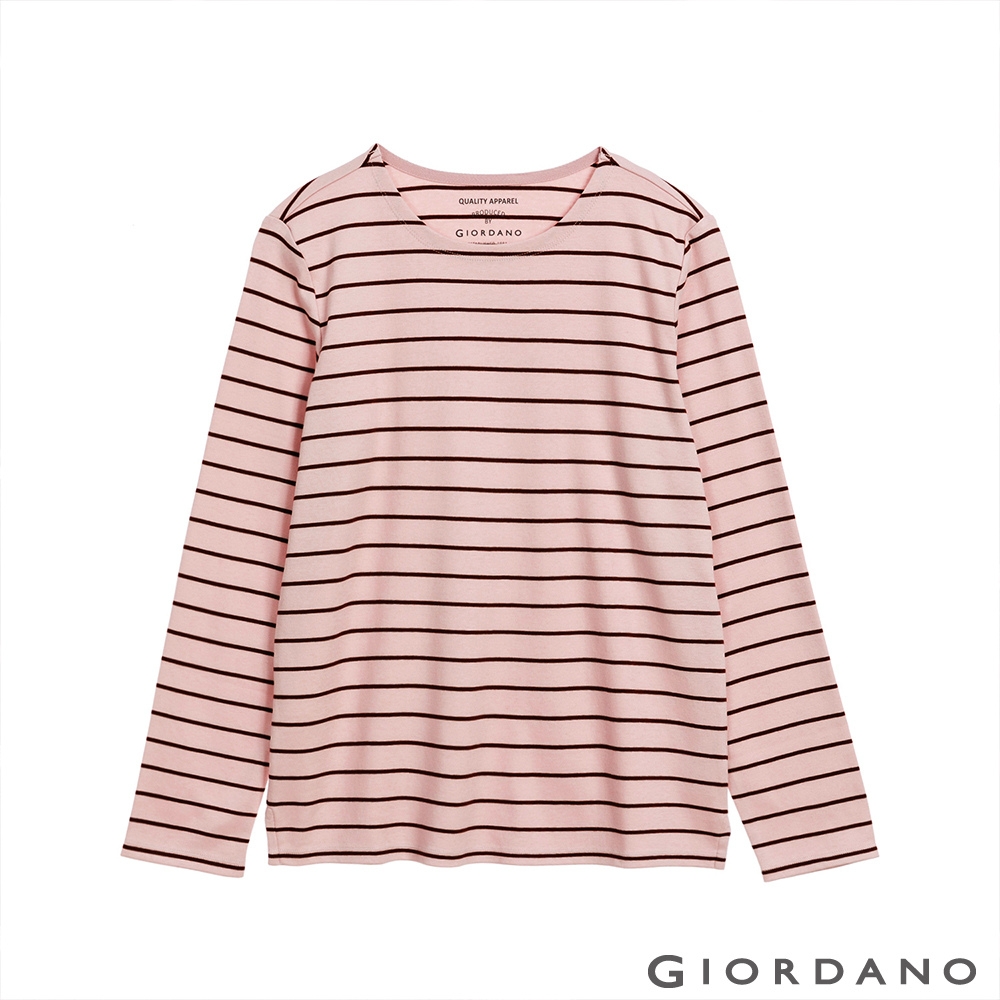 GIORDANO 女裝純棉條紋T恤 - 85 煙灰粉紅X咖啡