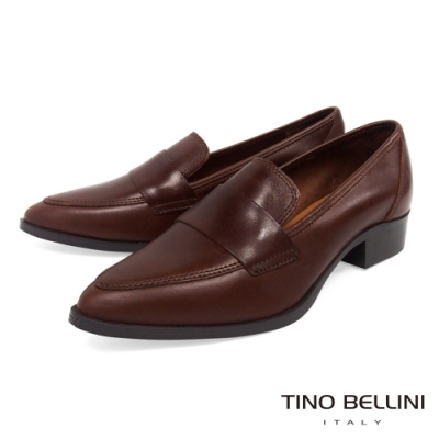 Tino Bellini 義大利進口簡約真皮尖楦低跟樂福鞋_咖啡